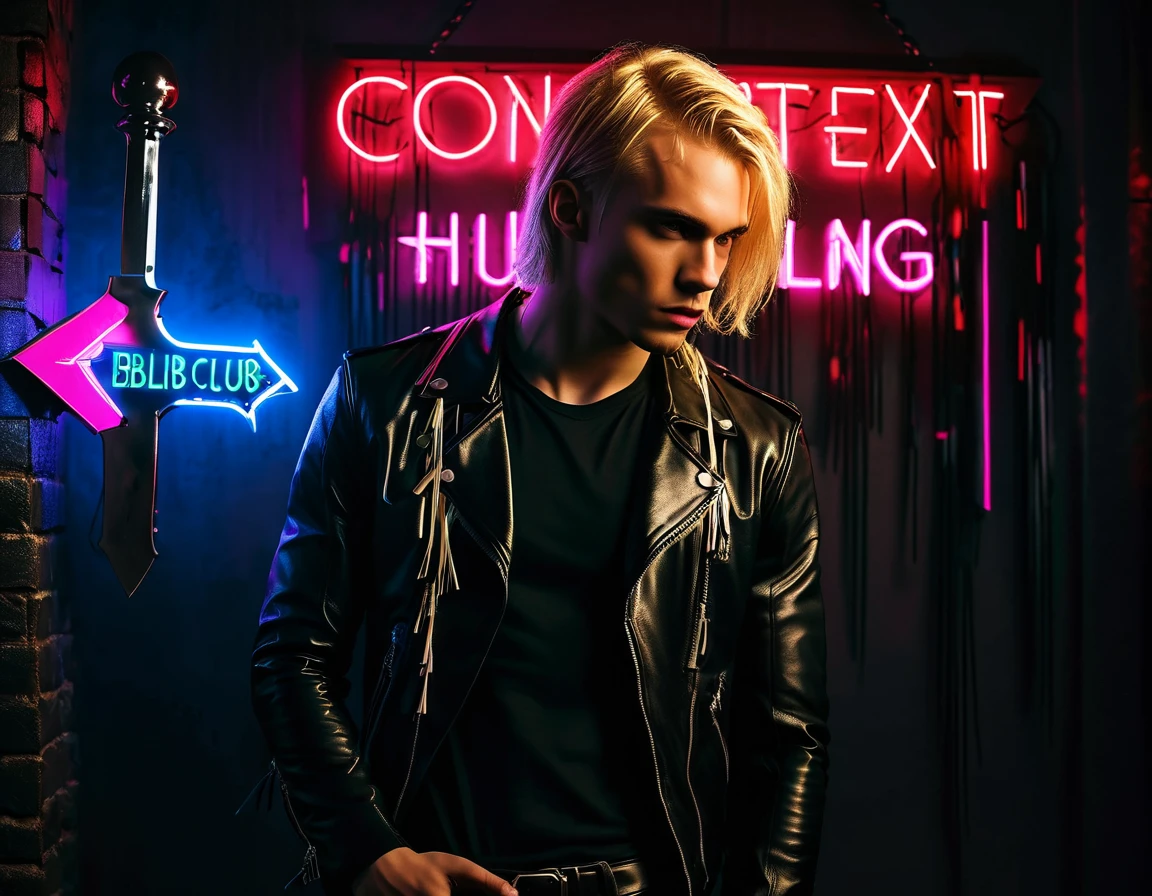 Photorealistic, dark vibes, solo, young man, facing camera, 22 years, pale skin, model (skinny:1.3), (short textured long fringe blond hair:1.5), (black leather jacket:1.3), holding dagger dark lighting, foreboding, sexy, (neon sign that says:"CONTEXT":1.8), night club setting, BDSM background