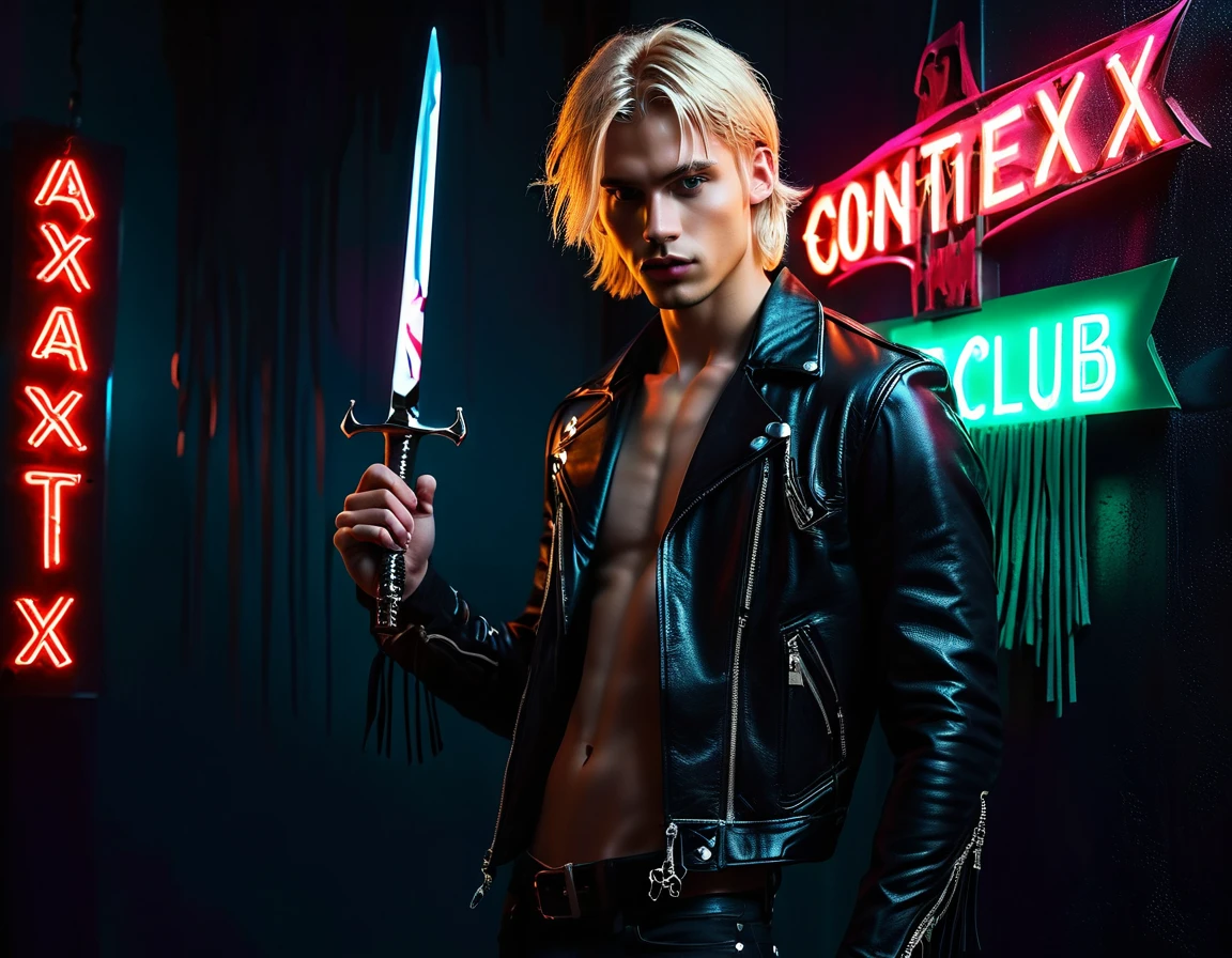 Photorealistic, dark vibes, solo, young man, facing camera, 22 years, pale skin, model (skinny:1.3), (short textured long fringe blond hair:1.5), (black leather jacket:1.3), holding dagger dark lighting, foreboding, sexy, (neon sign that says:"CONTEXT":1.8), night club setting, BDSM background