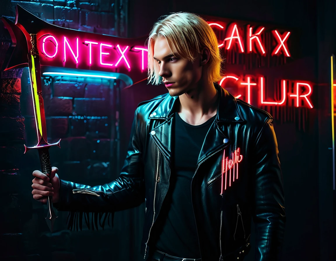 Photorealistic, dark vibes, solo, young man, facing camera, 22 years, pale skin, model (skinny:1.3), (short textured long fringe blond hair:1.5), (black leather jacket:1.3), holding dagger dark lighting, foreboding, sexy, (neon sign that says:"CONTEXT":1.8), night club setting, BDSM background