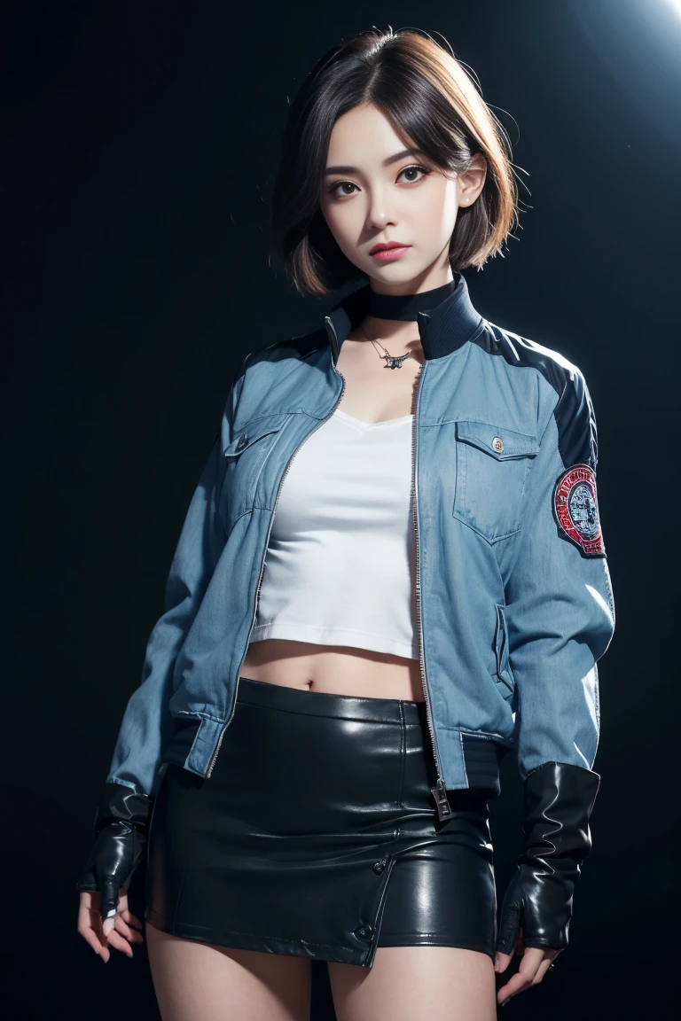 (masutepiece), (Best Quality), ((Super detailed beautiful face and eyes)), Realistic, with cool girls, Dynamic Angle, Short hair, (blue blouson jacket:1.1) And (Black tight skirt), ((Dark eyes)), Fingerless gloves, Jewelry Accessories, Studio Lighting