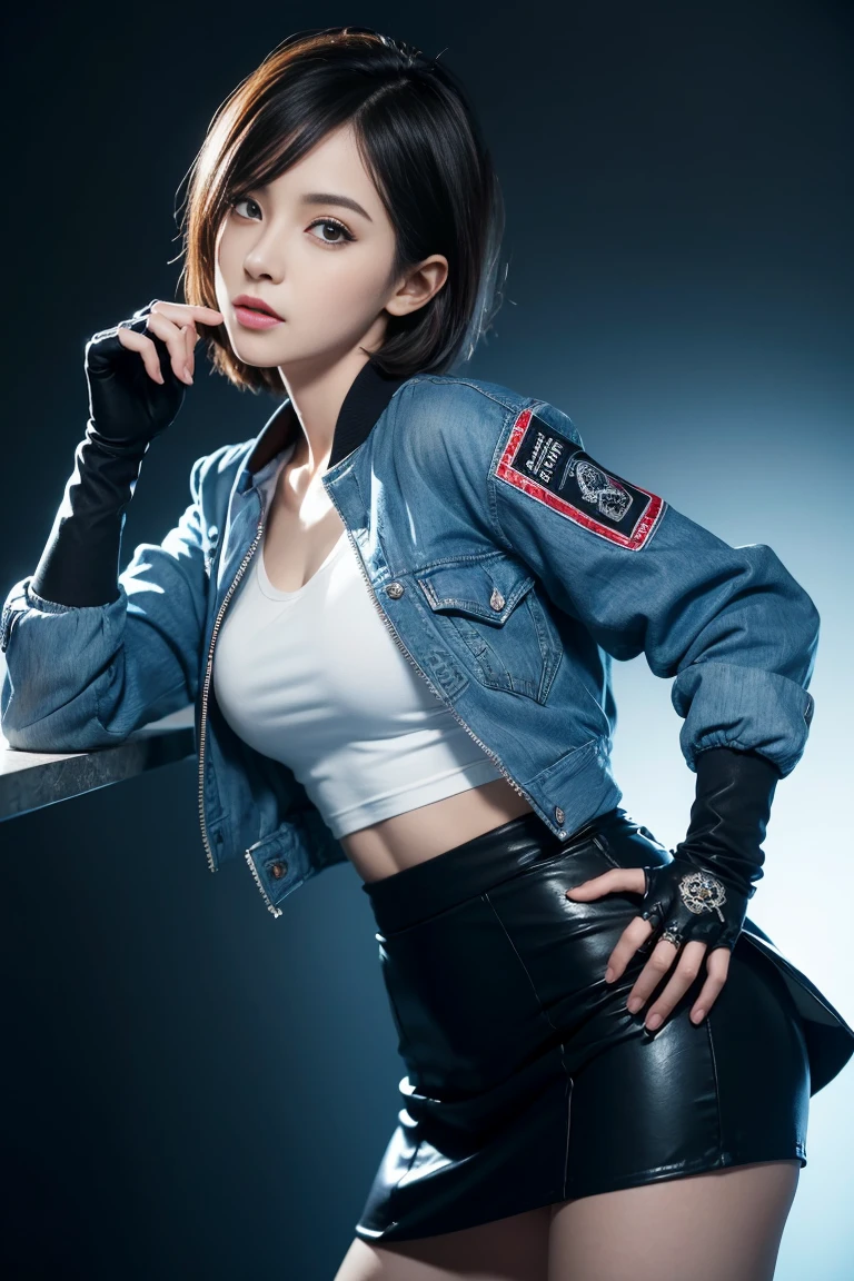 (masutepiece), (Best Quality), ((Super detailed beautiful face and eyes)), Realistic, with cool girls, Dynamic Angle, Short hair, (blue blouson jacket:1.1) And (Black tight skirt), ((Dark eyes)), Fingerless gloves, Jewelry Accessories, Studio Lighting
