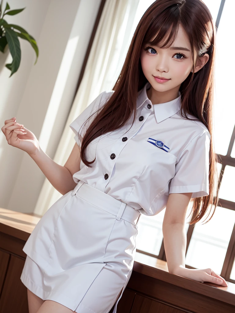 เด็กหญิง อายุ 18 ปี、Glossy white beautiful skin、Sexy and very beautiful good looks、Beautiful, Beautiful and cute face、Super long platinum red hair、Big blue eyes with radiant transparency、Beautiful 18 year old ultimate cute beautiful girl , sexy mini white nurse uniform, กางเกงในสีขาว, camel toe, เปียก, โชว์หน้าอก, โชว์ กางเกงใน, ชุดรัดรูป, ปากแดง, ยิ้มมุมปาก,
