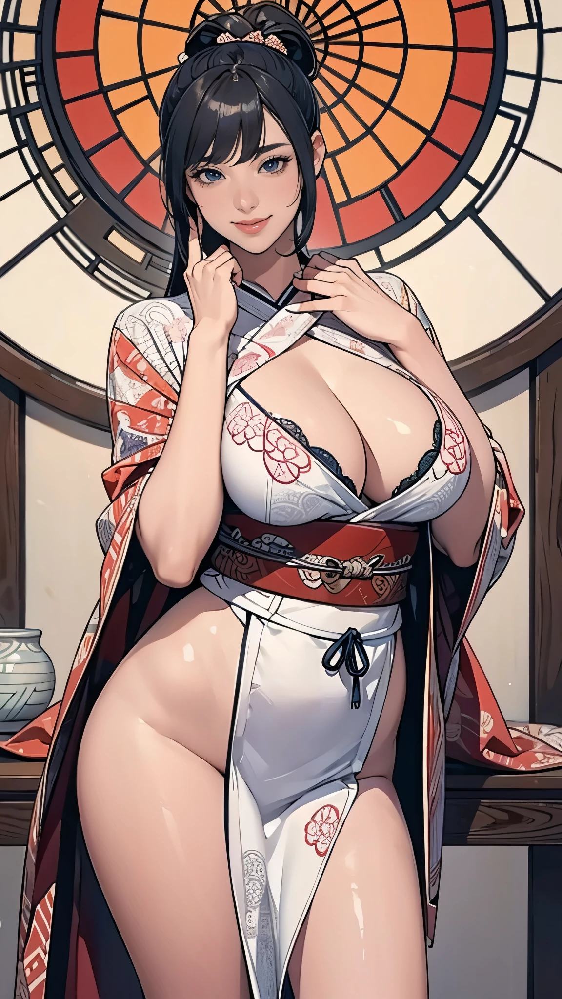 (masterpiece:1.2),(Highest quality),(Super detailed),(High resolution),8k,wallpaper,(An illustration),1 girl,,A woman is standing,Thick thighs,front,look at me,((smile)),Beautiful kimono,Obscene loincloth,(((Intricate designs and patterns inspired by Asian art))),(((Hand,detailed,perfect.perfection,hands))),((Beautiful female hands,Detailed hands)),(Random pose)