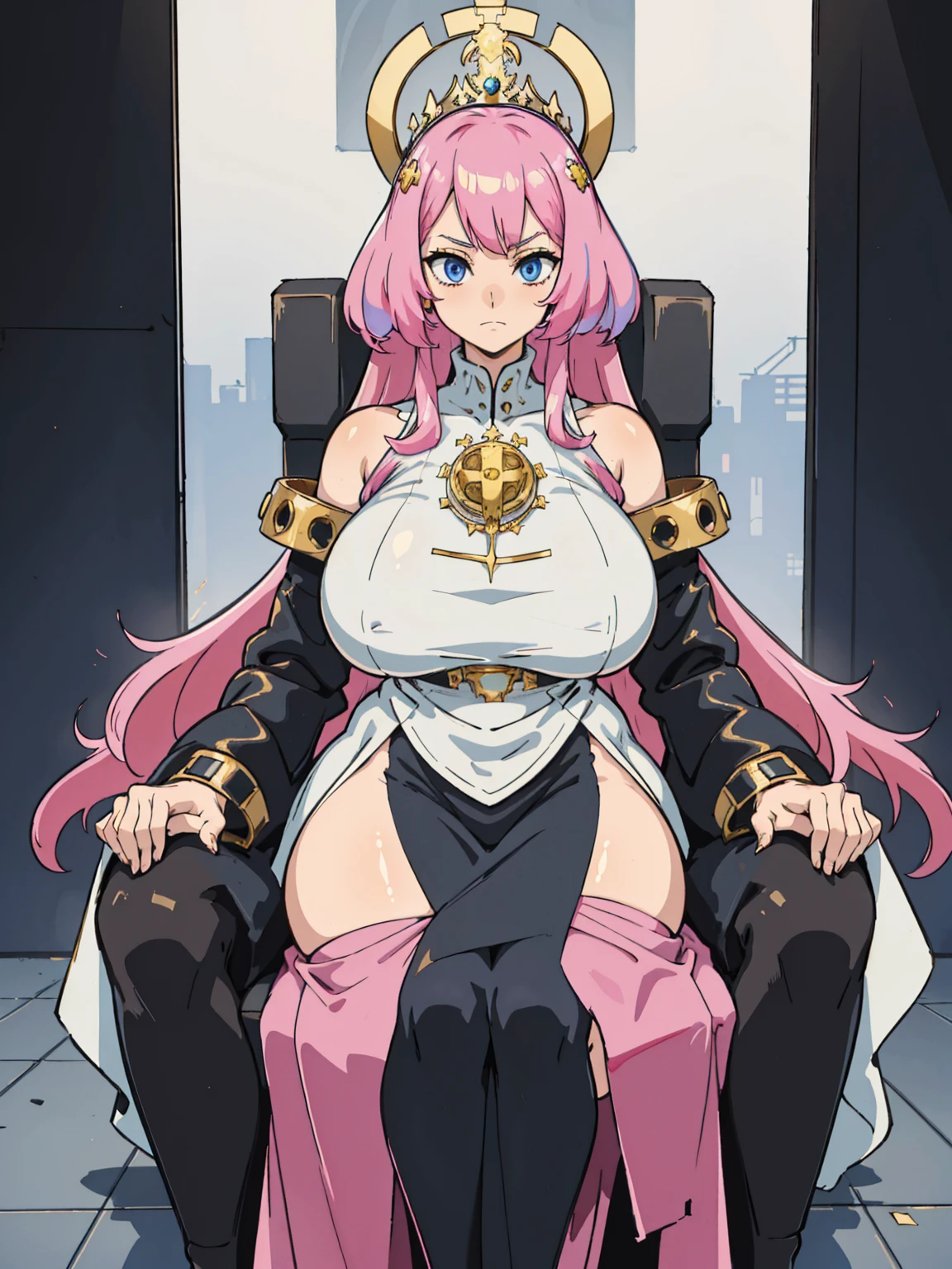 1 confident woman with floor-length pink hair, huge and big breasts, Futuristic royal costume in white with black and gold details, tall woman, blue detailed eyes, sitting on the throne of skulls , judgmental look, golden metal skulls, sovereign pose, cyberpunk queen
