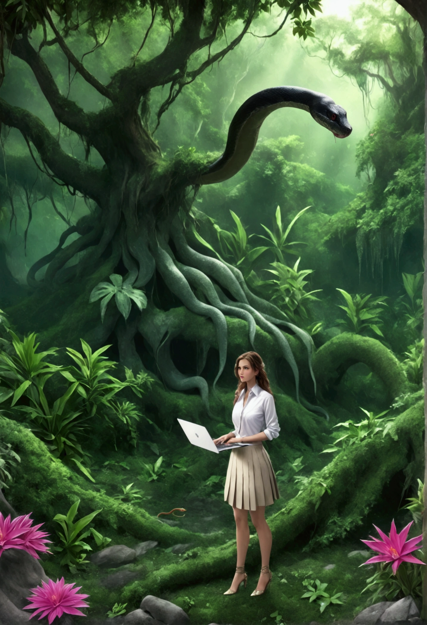 high details, best quality, 16k, [ultra detailed], masterpiece, best quality, dynamic angle, ultra wide shot, RAW, photorealistic, fantasy art, realistic art, a picture of a computer engineer (holding a laptop:1.1) getting lost in the jungle, computer engineer, wearing white button shirt, dynamic skirt, dynamic colors, wearing stiletto heels, full body, (an extremely beautiful: 1.3), (best detailed face: 1.4), dynamic hir color, dynamic hair style, dynamic eyes color, sense of confusion, sense of helplessness, jungle trees, plenty of (jungle veins: 1.2), (jungle flowers: 1.1), a (snake: 1.3) lurking by, high details, fantasy art, RPG art best quality, 16k, ultra detailed, masterpiece, best quality, (ultra detailed), full body, ultra wide shot, photorealistic, Hyperrealism style