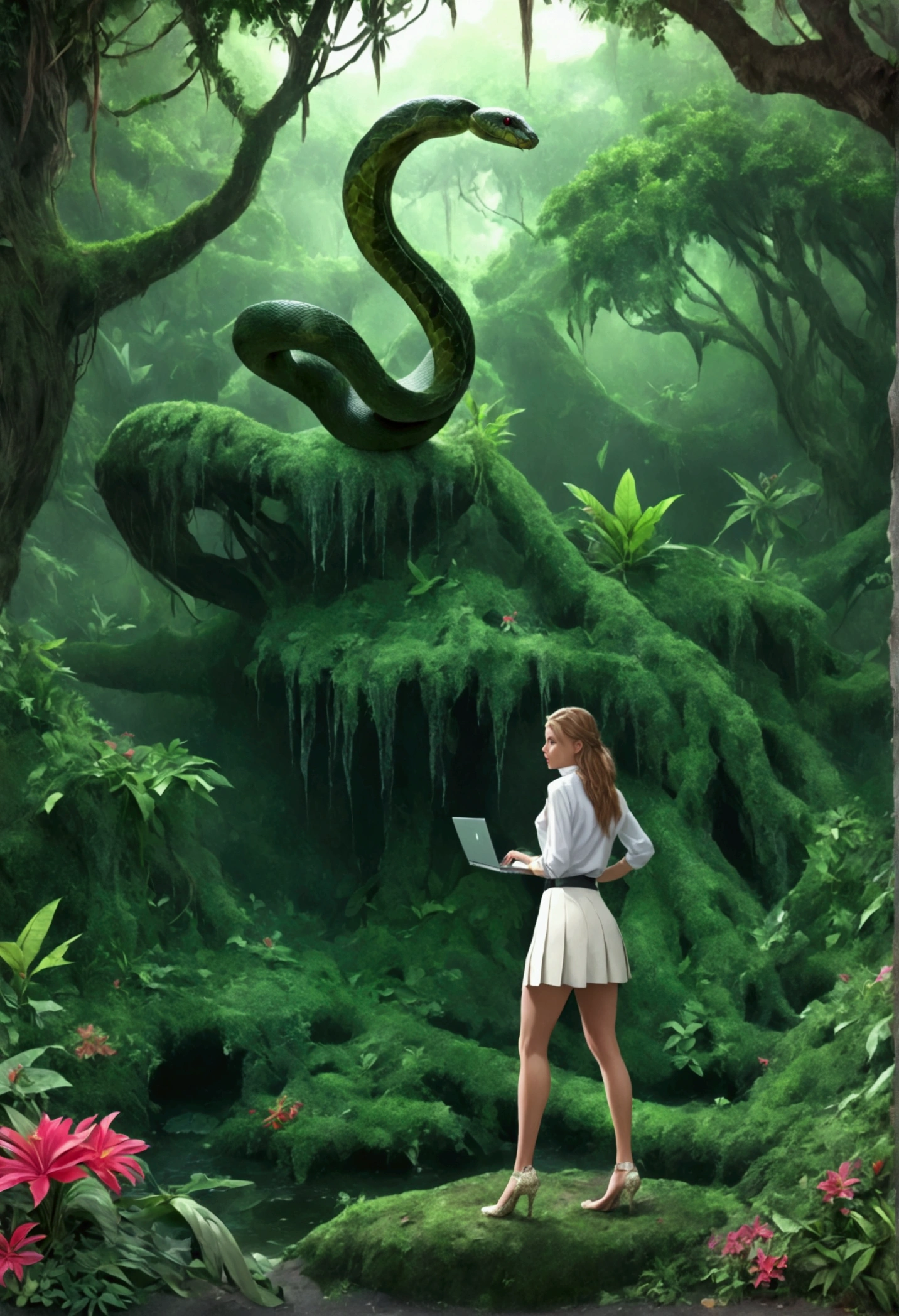 high details, best quality, 16k, [ultra detailed], masterpiece, best quality, dynamic angle, ultra wide shot, RAW, photorealistic, fantasy art, realistic art, a picture of a computer engineer (holding a laptop:1.1) getting lost in the jungle, computer engineer, wearing white button shirt, dynamic skirt, dynamic colors, wearing stiletto heels, full body, (an extremely beautiful: 1.3), (best detailed face: 1.4), dynamic hir color, dynamic hair style, dynamic eyes color, sense of confusion, sense of helplessness, jungle trees, plenty of (jungle veins: 1.2), (jungle flowers: 1.1), a (snake: 1.3) lurking by, high details, fantasy art, RPG art best quality, 16k, ultra detailed, masterpiece, best quality, (ultra detailed), full body, ultra wide shot, photorealistic, Hyperrealism style