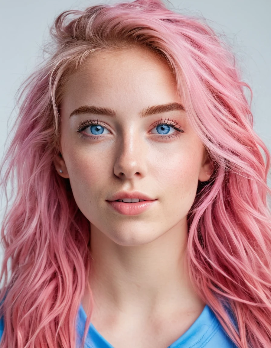23-year-old American woman, sporty, attractive, face to fall in love with, long pink messy hair, White skin, blue almond-shaped eyes, Roman nose, heart-shaped lips, detailed skin, no makeup, natural looking, 8k, muito detalhado, soft lights, White background
