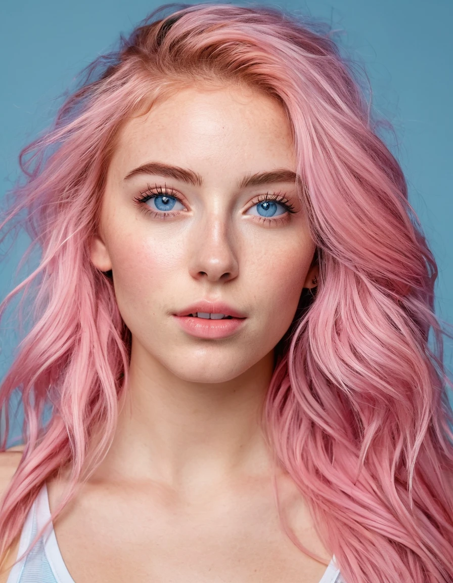 23-year-old American woman, sporty, attractive, face to fall in love with, long pink messy hair, White skin, blue almond-shaped eyes, Roman nose, heart-shaped lips, detailed skin, no makeup, natural looking, 8k, muito detalhado, soft lights, White background
