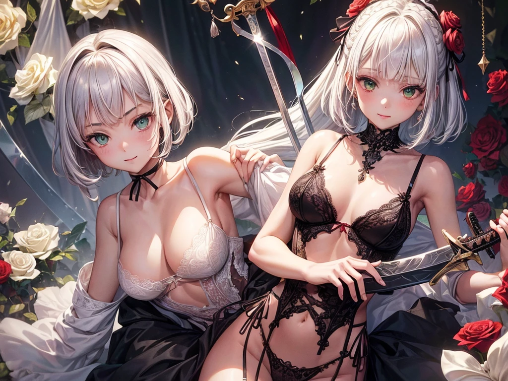 (((depict young girll))), (((only one girl))), (((top-quality, masterpiece))), 4k, HD, silver hair, bob cut, one braid, (red rose in hair), green eyes, (((sofisticate lingerie))), ((lace lingerie details)), black and red lingerie, (((lot of white ribbons))), maid, lovely, smile, happy, warm, ((small breasts)), nice hips, (Masterpiece, Excellent, complex details), delicate girl, delicate face, ((big 2 handed sword))