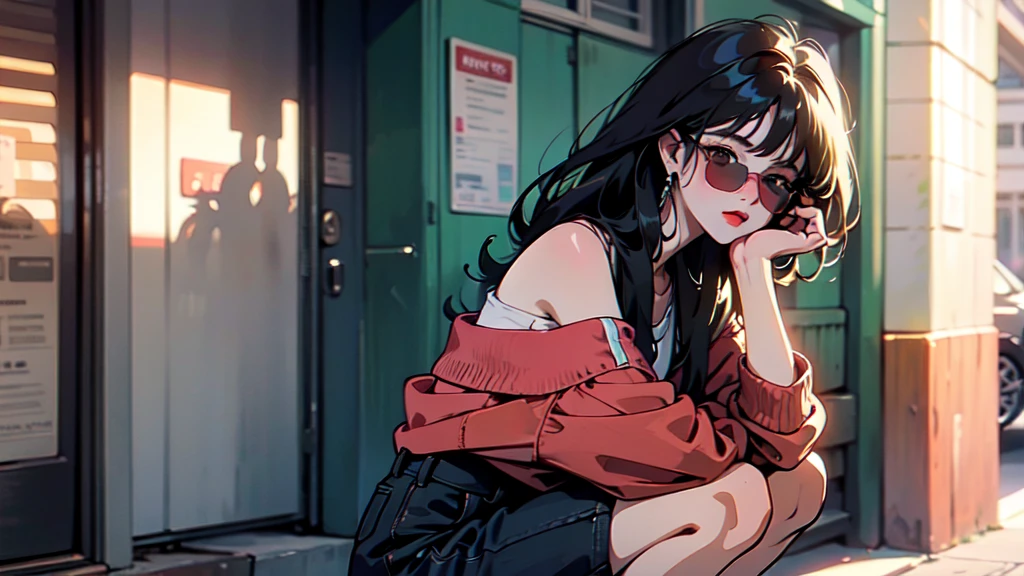 One beautiful woman、cool、Wearing sunglasses、Squatting on a street corner、