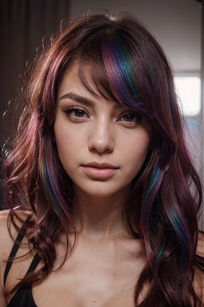 a beautiful girl with diamond-shaped facial features, deep-set eyes of dark pink, with hair colored in a rainbow of colors