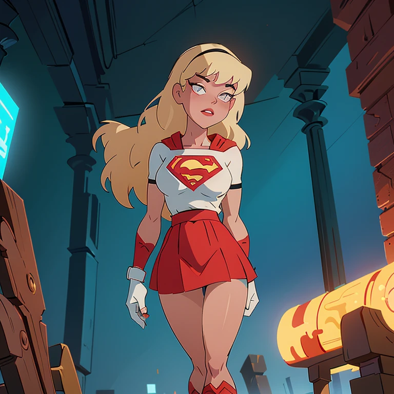 8K, Ultra HD, super details, high quality, high resolution. The heroine Supergirl, 1 fat girl, looks beautiful in a full-length photo, her body plus is sculptural, her long wavy blonde hair is radiant in a perfect combination with her white skin, her bright blonde eyes mesmerize everyone. She is wearing her heroine outfit, a red skirt with a yellow belt, a very tight blue t-shirt with a big red S on the chest, Elta also wears a red cape and red boots. she looks very fat sexy drawing attention to her big breasts and thick legs as she flies through the sky.,(Fondo de ruinas de mazmorra en ruinas cyberpunk :1.4 ), (supergils superman :1.4), (vestuario white traje :1.4), (Detalles de la cara: 1.5, ojos azules brillantes, hermoso rostro, ojos bonitos, Contorno del iris, labios delgados: 1.5, Thin, sharp pale eyebrows, Long, dark eyelashes, double tabs),(Traje vestuario white :1.4) 