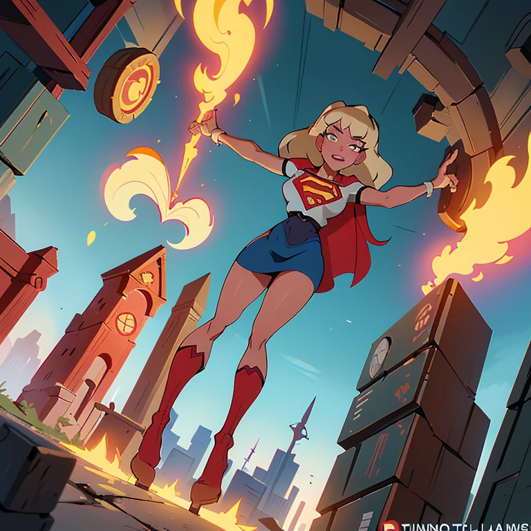 8K, Ultra HD, super details, high quality, high resolution. The heroine Supergirl, 1 fat girl, looks beautiful in a full-length photo, her body plus is sculptural, her long wavy blonde hair is radiant in a perfect combination with her white skin, her bright blonde eyes mesmerize everyone. She is wearing her heroine outfit, a red skirt with a yellow belt, a very tight blue t-shirt with a big red S on the chest, Elta also wears a red cape and red boots. she looks very fat sexy drawing attention to her big breasts and thick legs as she flies through the sky.,(Fondo de ruinas de mazmorra en ruinas cyberpunk :1.4 ), (supergils superman :1.4), (vestuario white traje :1.4), (Detalles de la cara: 1.5, ojos azules brillantes, hermoso rostro, ojos bonitos, Contorno del iris, labios delgados: 1.5, Thin, sharp pale eyebrows, Long, dark eyelashes, double tabs),(Traje vestuario white :1.4) 