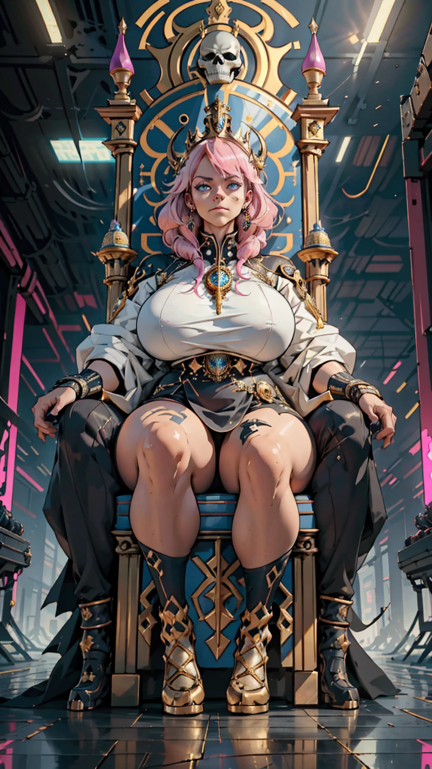 1 confident woman with floor-length pink hair, huge and big breasts, Futuristic royal costume in white with black and gold details, tall woman, blue detailed eyes, sitting on the throne of skulls , judgmental look, golden metal skulls, sovereign pose, cyberpunk queen