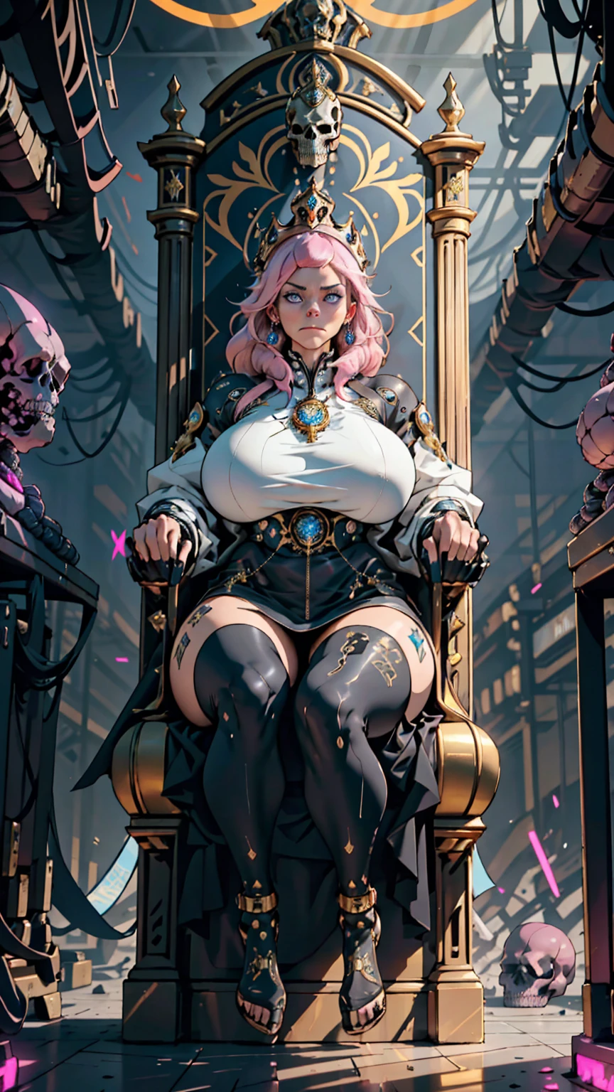 1 confident woman with floor-length pink hair, huge and big breasts, Futuristic royal costume in white with black and gold details, tall woman, blue detailed eyes, sitting on the throne of skulls , judgmental look, golden metal skulls, sovereign pose, cyberpunk queen