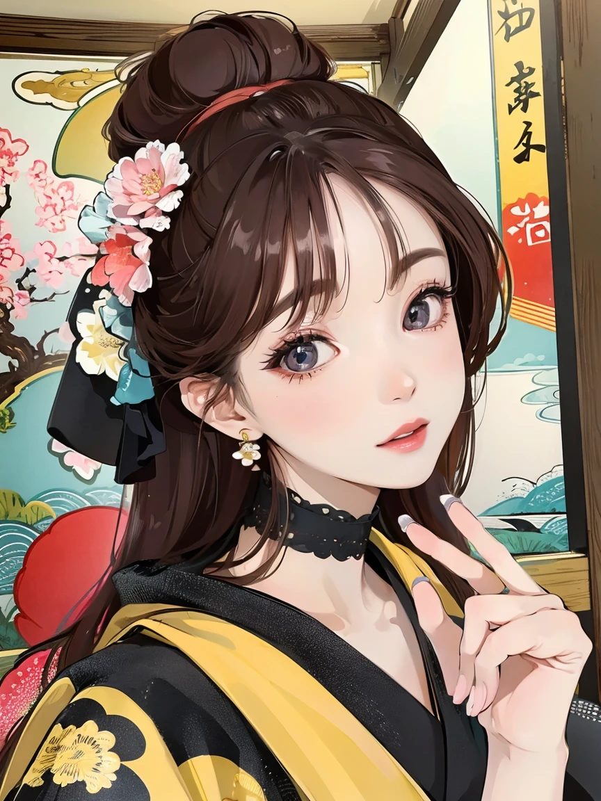 (Highest quality、 8k 、masterpiece、High resolution)、(whole body)、Vibrant colors、Brown-black bob、Traditional topknot、Ample breasts、(Highly detailed face and eyes,Beautiful Face,Beautiful Eyes,Beautiful nose,Pretty lips)、Official Art、Ukiyo-e style、 (Beautiful woman in kimono)、(Vivid floral patterned kimono)、background、river、bridge、Mountain、wood、Starry Sky、moon、plum、Lantern、Detailed CG、