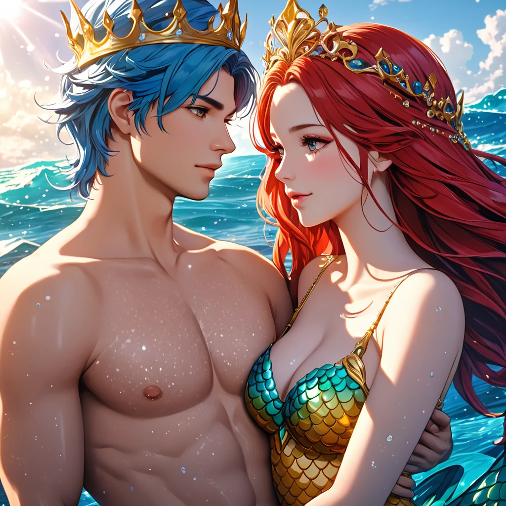 (cute 20 year old mermaid queen with red hair wearing a yellow mermaid bra and a crown), (she is being held in the arms of her strong and handsome merman king husband with blue hair and a crown in the ocean inside the water), sun is shining, beautiful mermaid, beautiful detailed human face, alluring eyes, elaborated mermaid tail, serene, masterpiece, full body shot, highres, high resolution, high quality, intricate details, extremely detailed, incredible details, full colored, complex details, insanely detailed and intricate, extremely detailed with rich colors. masterpiece, best quality, HDR, UHD, unreal engine, High quality, gorgeous, glamorous, 8k, super detail, gorgeous light and shadow, detailed decoration, detailed lines, glittery, fantasy, pretty colors, anime style, couple picture