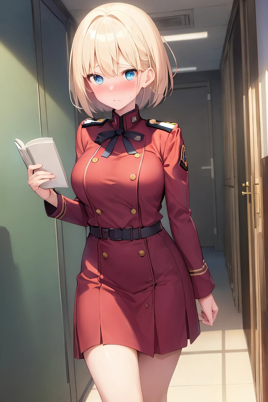 ((Highest quality)), ((masterpiece)), (detailed), One girl, Light blue eyes、Short Hair、Blonde、uniform、Embarrassed、Book in hand、corridor