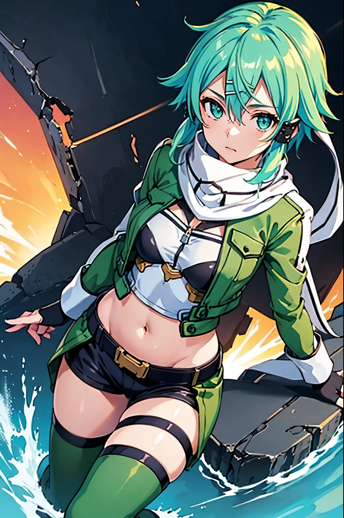 (masterpiece), best quality, expressive eyes, perfect face, highres, sinon1, scarf, fingerless gloves, long sleeves, short shorts,groin, hair ornament, hairclip, green thighhighs, green jacket,covered_nipples, thigh strap, field, sunset_ruins background, ruined structures, dynamic_posing, looking at the viewer, (from above:1.2),covered_navel,