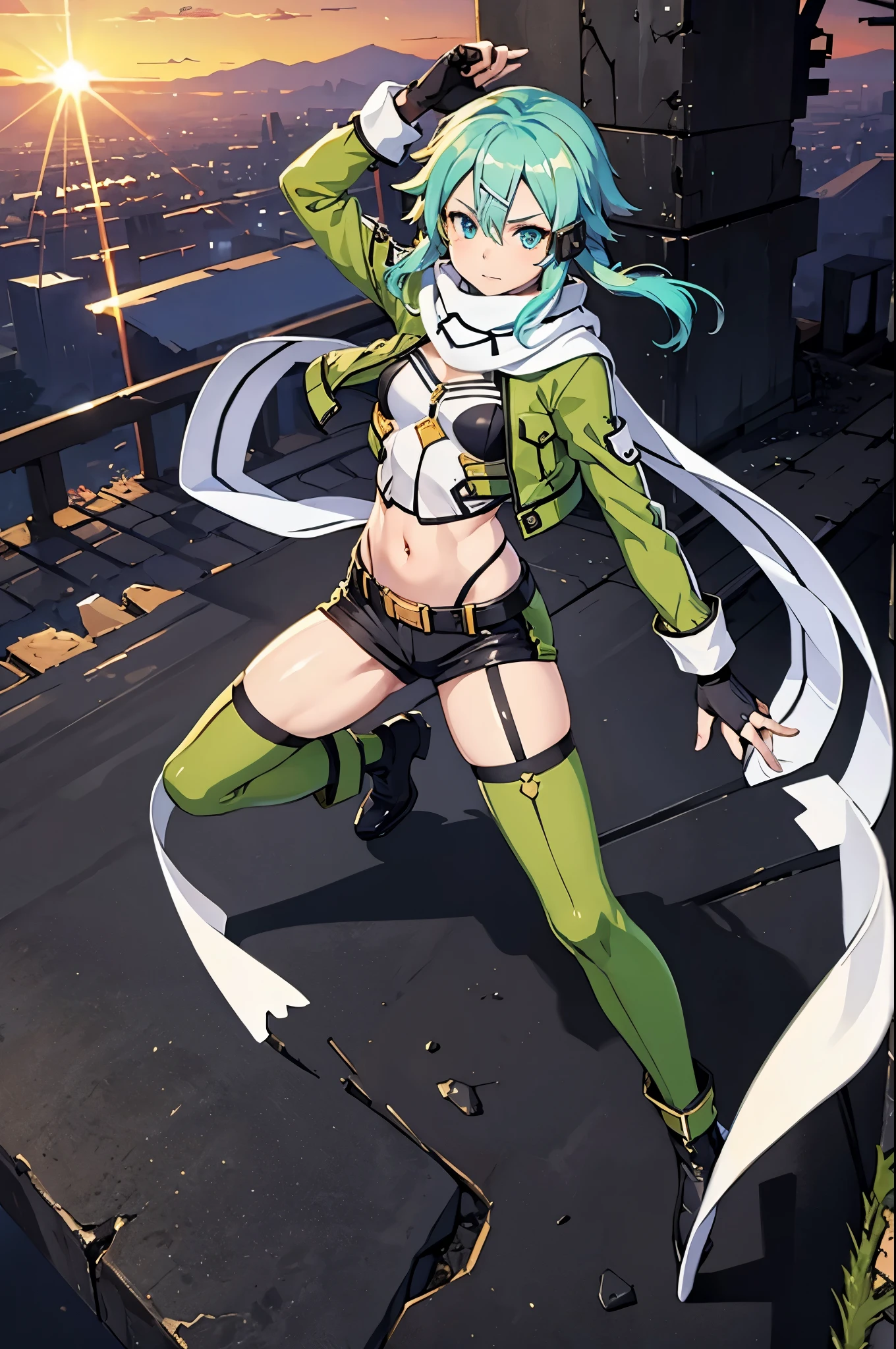 (masterpiece), best quality, expressive eyes, perfect face, highres, sinon1, scarf, fingerless gloves, long sleeves, short shorts,groin, hair ornament, hairclip, green thighhighs, green jacket,covered_nipples, thigh strap, field, sunset_ruins background, ruined structures, dynamic_posing, looking at the viewer, (from above:1.2),covered_navel,