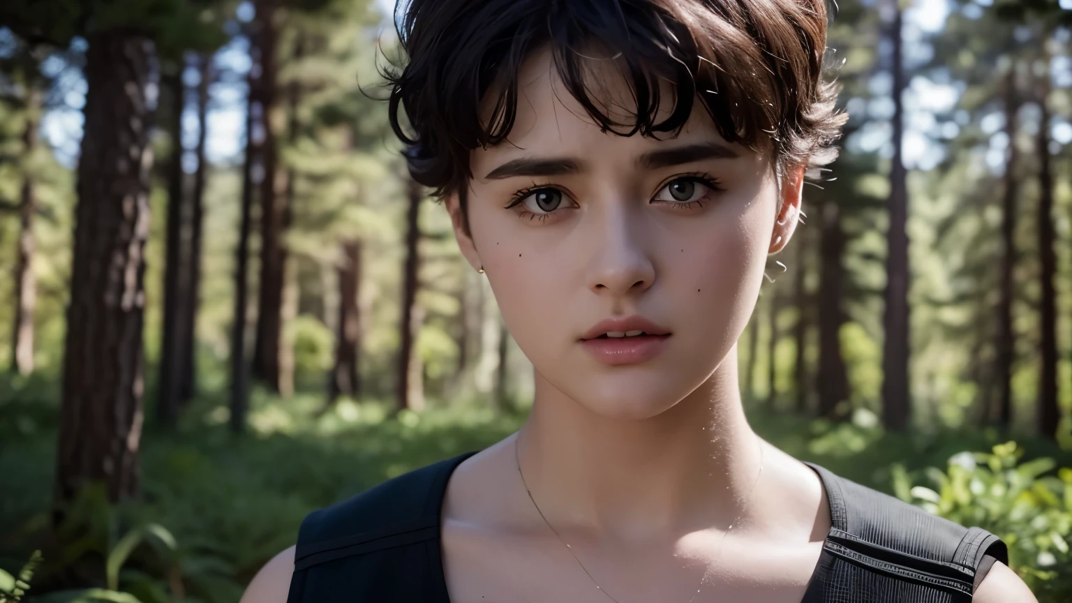 upper body of Stefania Ferrario, tapercut hair, wearing a US army outfit, confused expressions, in a pine forest, evening time, realistic, cinematic scene