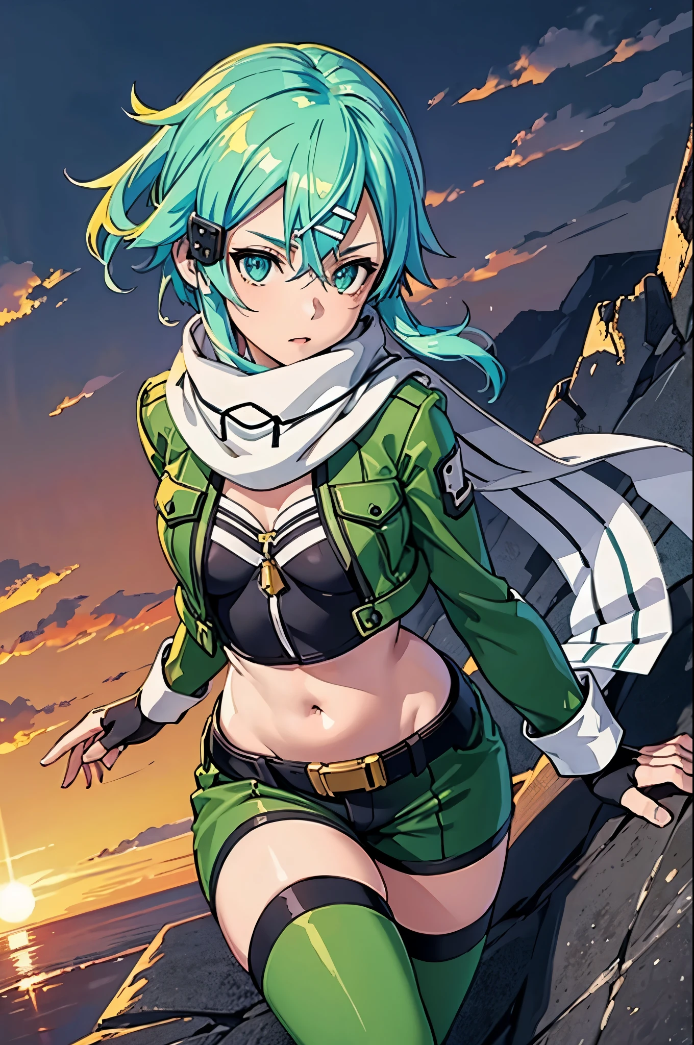 (masterpiece), best quality, expressive eyes, perfect face, highres, sinon1, scarf, fingerless gloves, long sleeves, short shorts,groin, hair ornament, hairclip, green thighhighs, green jacket,covered_nipples, thigh strap, field, sunset_ruins background, ruined structures, dynamic_posing, looking at the viewer, (from above:1.2),covered_navel,
