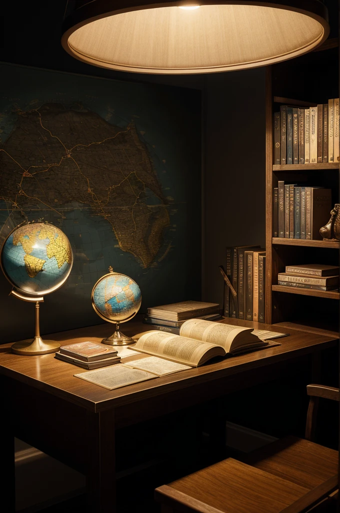 The desk is covered with various objects, including an open book, several stacked books, and a map or a large sheet of paper with diagrams. To the left, there is a globe set on a stand, suggesting an interest in geography or exploration. The overall lighting is dim, giving the scene a moody, contemplative atmosphere, with a dark background that contrasts the illuminated workspace. The image conveys a sense of scholarly activity and intellectual pursuit.