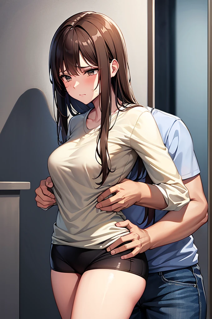 An older, cool, slender, brown-haired senior is upset after being hugged from behind and fondled by a drunk colleague.、rape