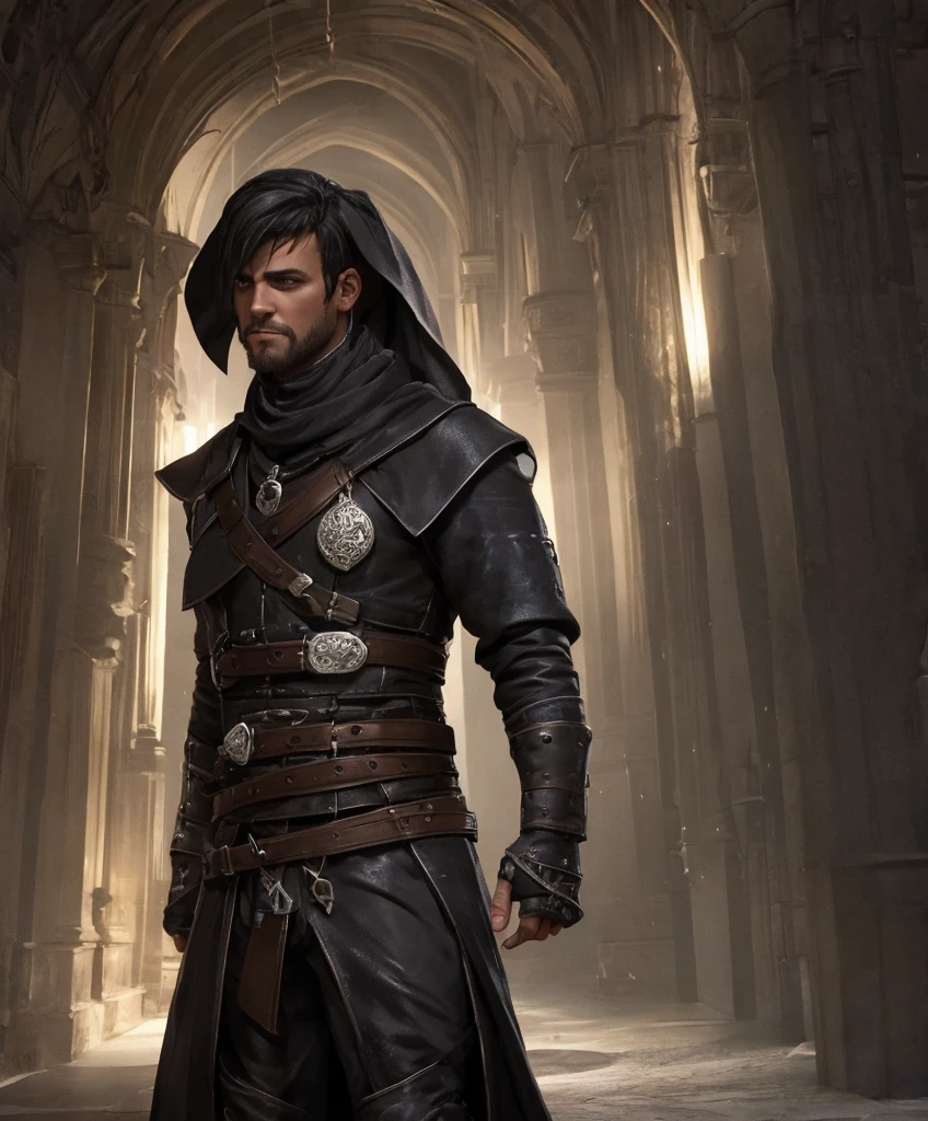  (((Single character image.))) Human male rogue for a wild and exciting fantasy setting. Looks like a miscreant thug as a fantasy character.   Looks like a knave.  Looks like a medieval fantasy criminal who is dangerous. Looks like a medieval criminal.  Looks rowdy,  Upper body only. Dark black eyes and dark eyes with an intense stare that increases his attractiveness. Handsome.  Devious smirk. Intense.   Black and silver themed attire. Tan complexion. Appears sullen, forlorn and darkly romantic.  He seems stoic and aloof which makes him all the more attractive.  Background is an eerie dungeon. best quality:1.0,hyperealistic:1.0,photorealistic:1.0,madly detailed CG unity 8k wallpaper:1.0,masterpiece:1.3,madly detailed photo:1.2, hyper-realistic lifelike texture:1.4, picture-perfect:1.0,8k, HQ,best quality:1.0,