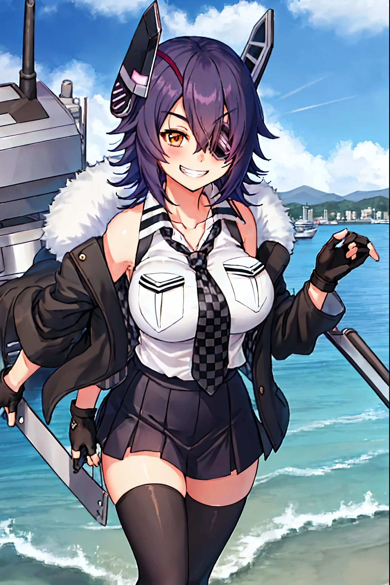 best quality, masterpiece, solo, {tenryuu_kantaicollection:1.15}, teen_girl, eyepatch, short_hair, purple_hair, closed_eyes, headgear, breasts, necktie, large_breasts, smile, 1girl, blush, checkered_necktie, hair_over_one_eye, shirt, collared_shirt, white_shirt, jacket, sleeveless, brown_eyes, fur-trimmed_jacket, fur_trim, collarbone, looking_at_viewer, pocket, breast_pocket, ,, messy_hair, black_gloves, gloves, partially_fingerless_gloves,harbor_road_landscape_background,outdoor,short_skirt,thigh-highs,boots,sunlight,from_below,grin,happy,smile,happiness