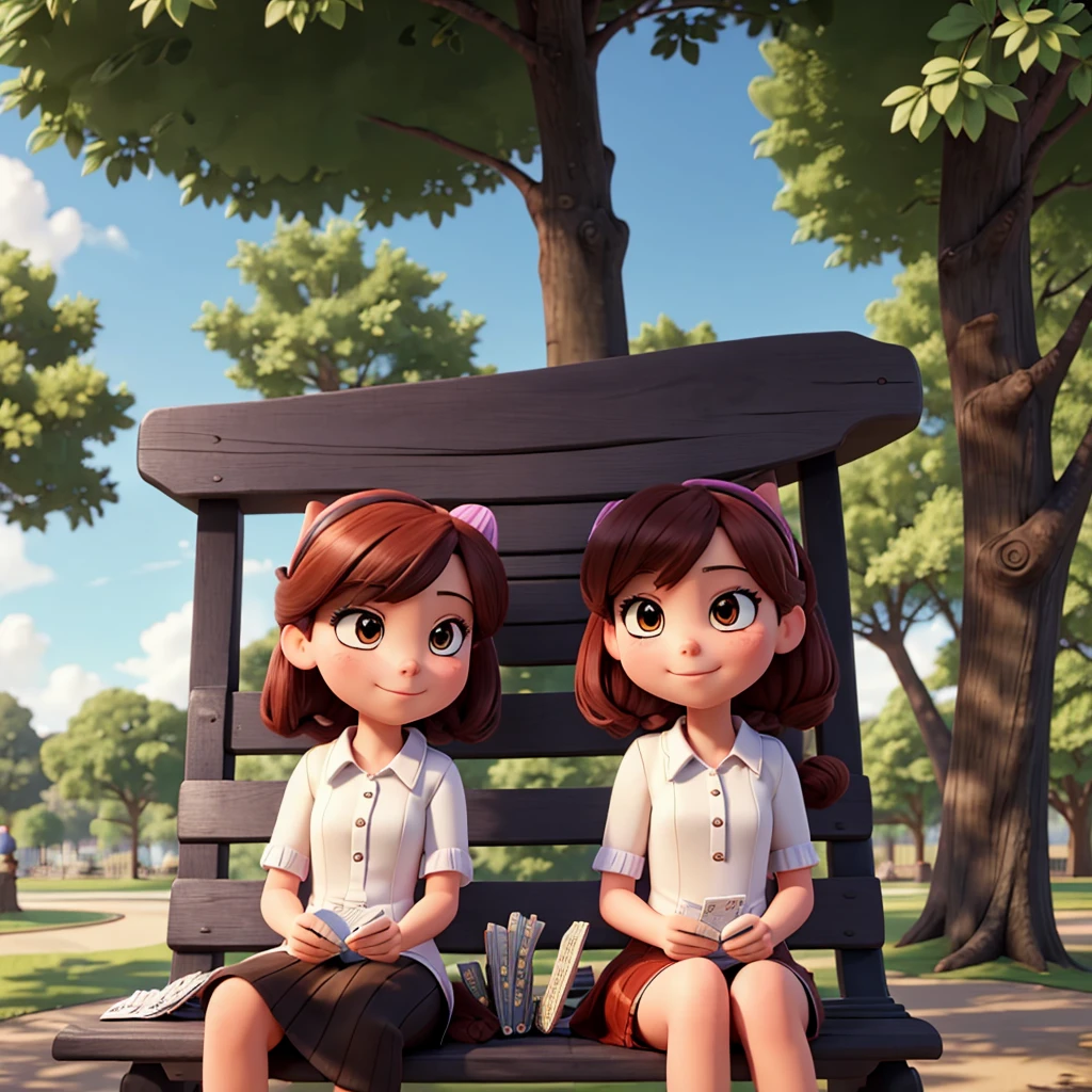 Wide shot Luna and Brianna are sitting on a park bench, chatting and playing cards