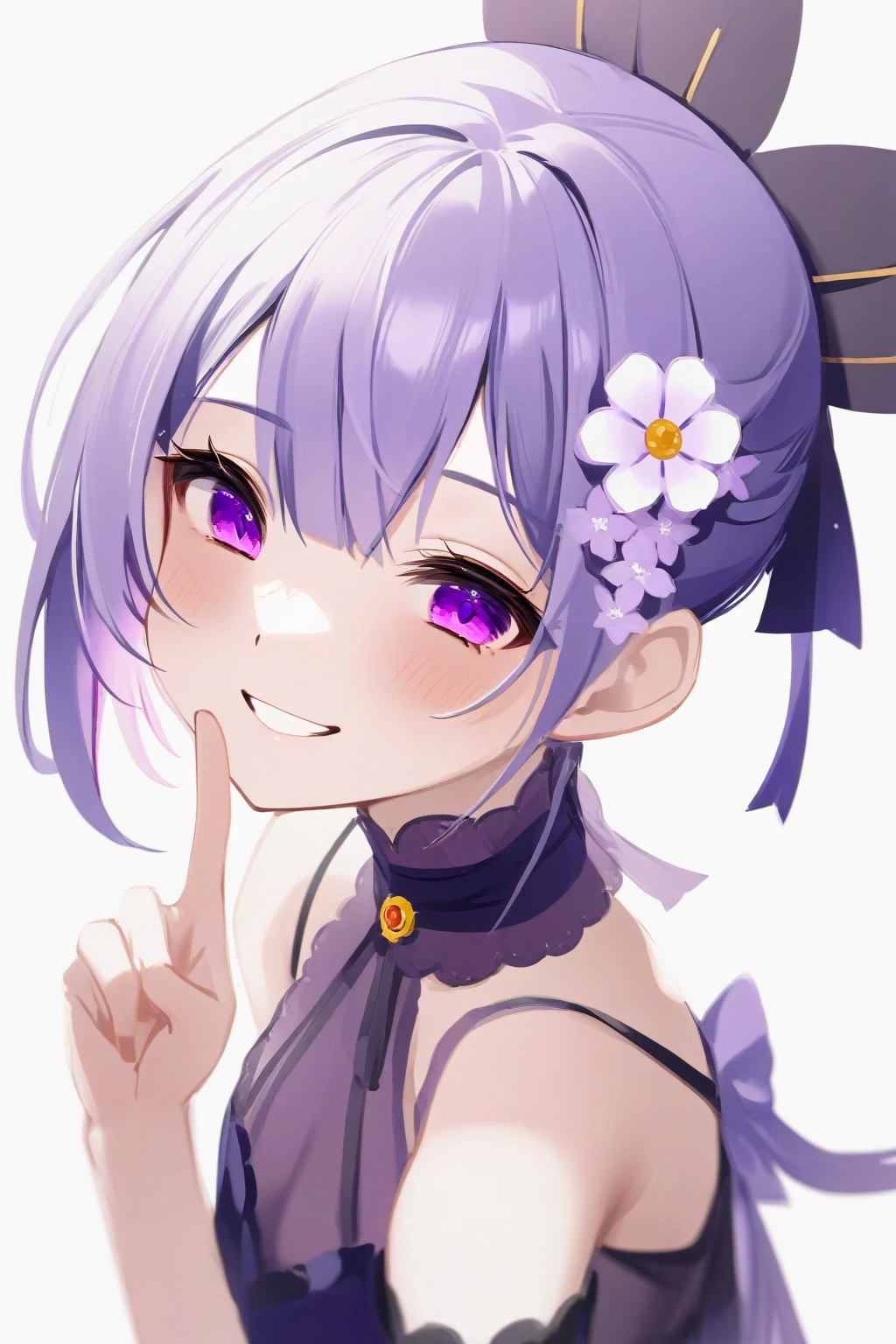 (score_9,score_8_up,score_7_up,),xuelian,white background,dress,multicolored hair,virtual youtuber,hair flower,hair ornament,purple hair,purple eyes,simple background,seductive_smile,wink,v,upper_body,face_focus,