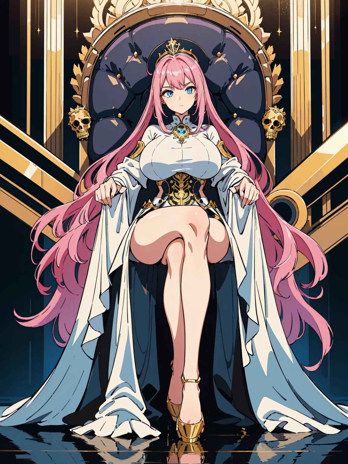 1 confident woman with floor-length pink hair, huge and big breasts, Futuristic royal costume in white with black and gold details, tall woman, blue detailed eyes, sitting on the throne of skulls , judgmental look, golden metal skulls, sovereign pose, cyberpunk queen