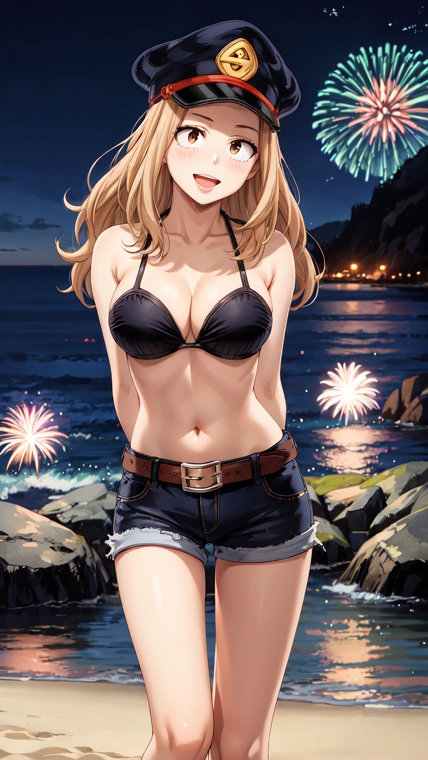 Masterpiece ,best quality , high resolution , (face view , look at view ) , (1 girl solo:1.38) , (camie, long hair, brown hair, brown eyes, peaked cap , lipstick , eyeliner)) , (slim , tall , slender , thin) , (cleavage:1.05) , (big breast:1.06) , (wear bikini , belt , belly , navel , denim_micro_short , fishnet stockings) , (arms behind back , hands behind back) , (outdoor , night , firework , beach , ocean , sea , blue sky ) , (open mouth , smile , full face blush , shy ) , (standing , thighs ) , (cowboy_shot)