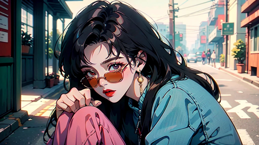 One beautiful woman、cool、Wearing sunglasses、Squatting on a street corner、