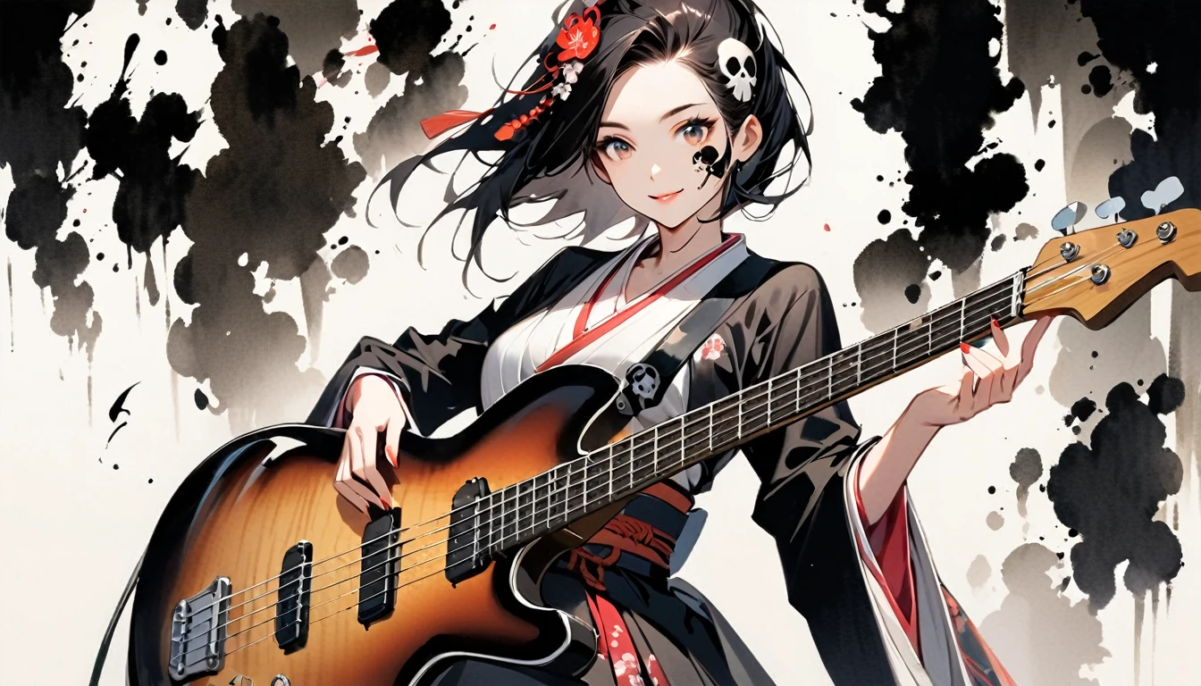 (((Ink Painting))), (((1 girl))), (((Skull tattoo on face))), (((Gorgeous hair accessories))), Japanese style headphones, (((guitar bass))), Japanese Beauty, Black Hair, smile