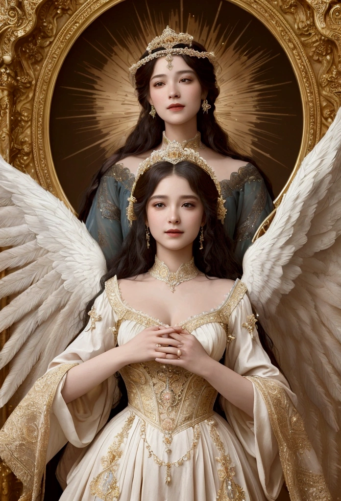 Cinematic low-angle frontal shot: Resplendent Victorian-era noblewoman, ornate gown adorned with intricate lace and jewels. Behind her, a majestic female archangel, ethereal and semi-transparent. Noblewoman's hands clasped to chest, radiant smile. Archangel's arms spread wide, benevolent expression, emanating intense, dazzling light. Noblewoman glowing with opulence, archangel bathed in celestial radiance. Ethereal connection between the two figures, implying noblewoman as archangel's earthly guise. Ornate Victorian ballroom background, soft focus.