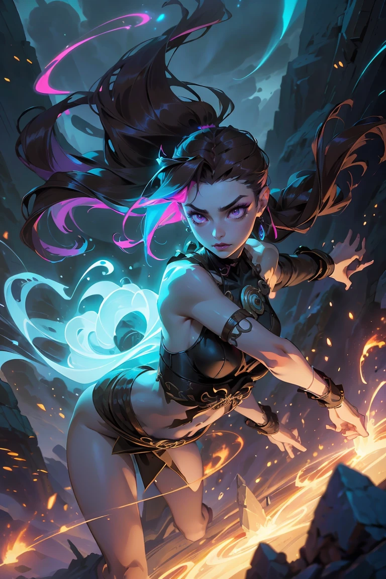 Goddess ((goddess-like woman)), elegant silhouette, masterpiece, (close angle), best quality, pale skin, fair skin, sweet face, (masterpiece:1,2, best quality), (real picture, intricate details), (1 lady , solo, medium tits, slim waistline, ), ((Jinx/LOL)), BROWN HAIR, a woman withe Brown very very long hair, floating hair, brown hair, glowing eyes, purple glowing eyes, she has an impressive presence.,beautiful eyes, floating hair, air shape, floating hair, flying hair, windy, flying body, flying shape, weightless, flying stones, flying rocks, floating rock, background: Landscape, mountains, stormy,
