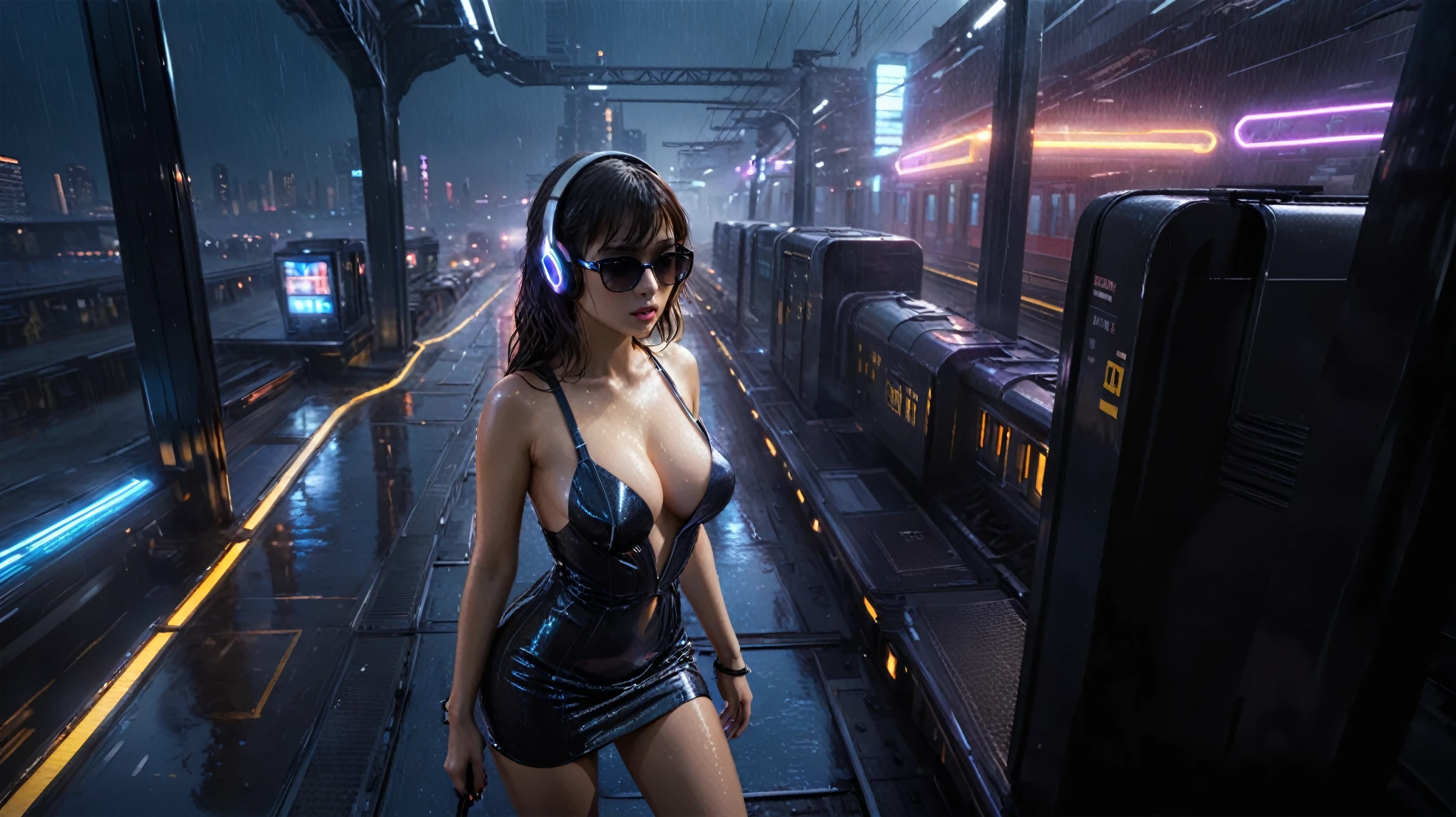 (((aerial view))), Blade Runner style futuristic railway platform, hi-tech train, neon lights, rainy night. (1girl, solo, alone), large-breast:1.2 slim body, cleavage:1.1, sexy wind blowing wet dress:1.4, headphone, (micro:0.8 black sunglasses), (((she raised a pistol:1.8 and shot:1.8 the viewer))), dynamic pose, (((half-body thigh level medium shot))), cinematic lighting, lens flare, ray tracing, zoom-in blurred:1.4 background.