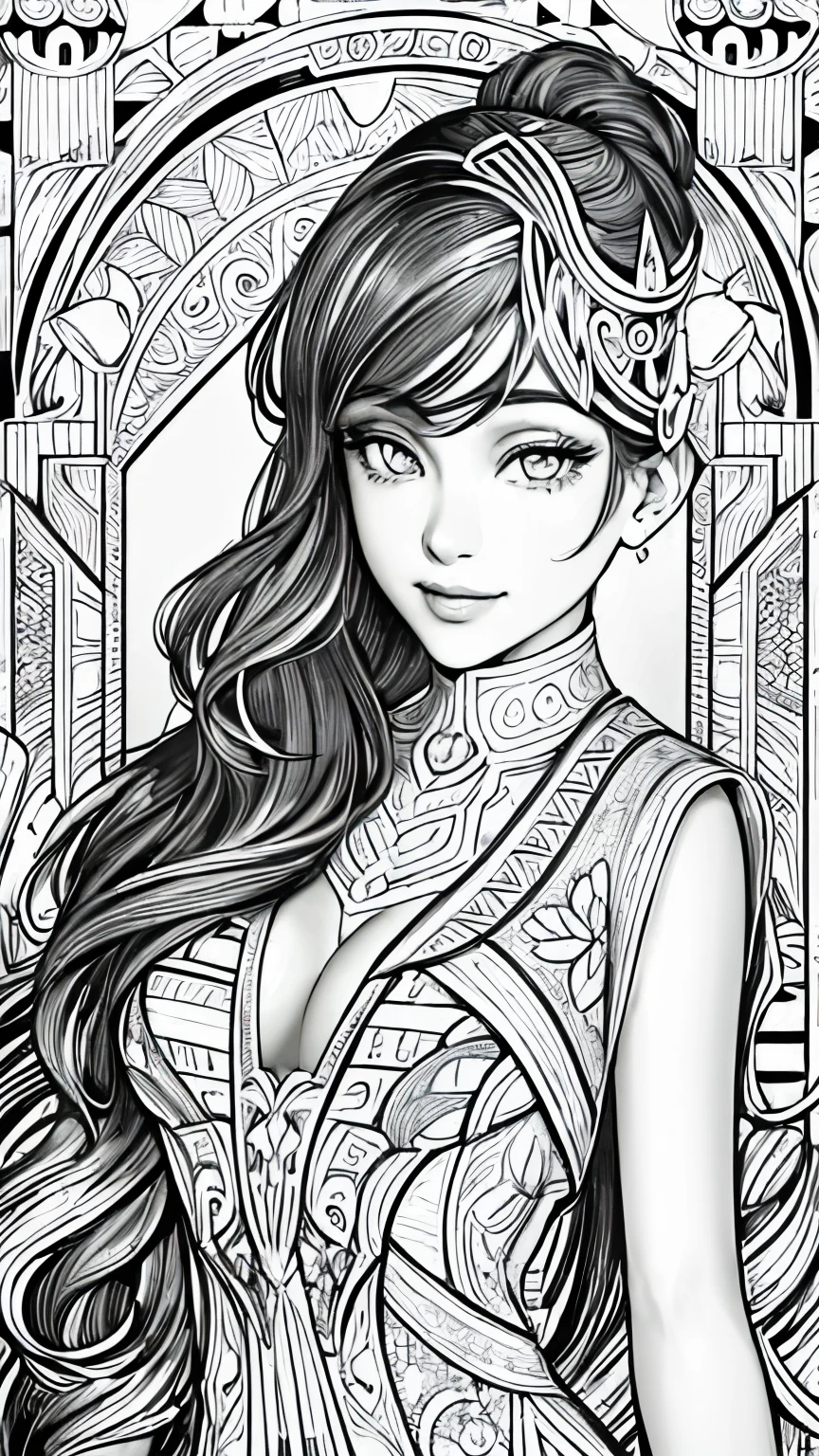 (Black and white coloring book:1.5), masterpiece, Highest quality, (Detailed Background), High Contrast, Highly detailed face, ((Eyes are clearly defined)), smile, Incorporating the Art Deco style of the 1920s、A dress featuring geometric patterns and gold accents, Line drawings without color or shading, Beautiful line drawing, The outline is a thick line, Hair is white, Skinny