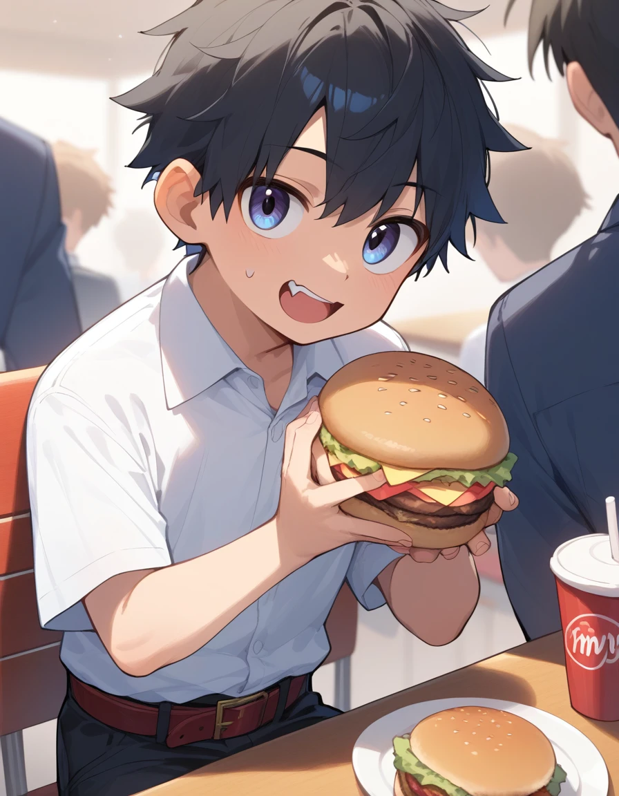 score_9, score_8_up, score_7_up, score_6_up, score_5_up, score_4_up, 1boy, **** boy, schoolboy, junior high school boy, black hair, short hair, black eyes, white short sleeve collared shirt, black pants, belt, open your mouth, hamburger restaurant, counter, Sitting side by side, Eating hamburger, at evening, from front, upper body, look at viewer, 
