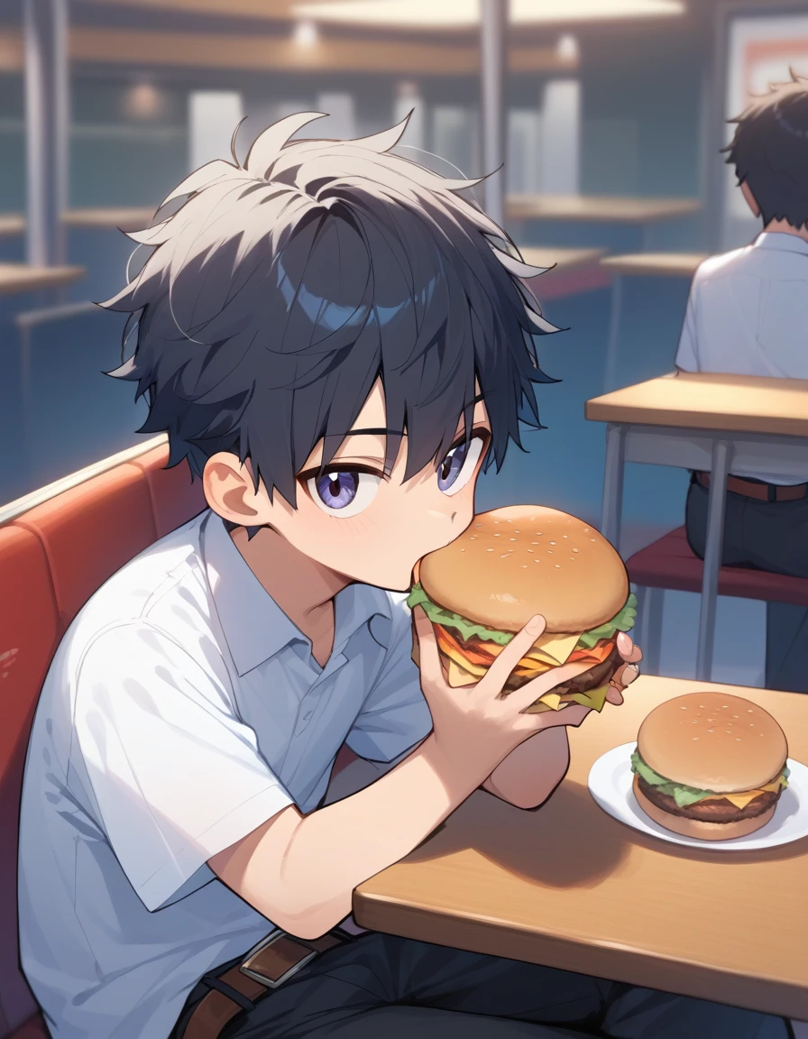 score_9, score_8_up, score_7_up, score_6_up, score_5_up, score_4_up, 1boy, **** boy, schoolboy, junior high school boy, black hair, short hair, black eyes, white short sleeve collared shirt, black pants, belt, open your mouth, hamburger restaurant, counter, Sitting side by side, Eating hamburger, at evening, from front, upper body, look at viewer, 
