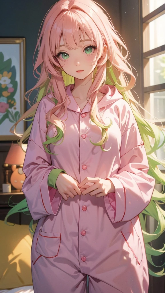 adult woman, Age 22; long hair, pretty and pink, curly hair; light yellow eyes, angelic and beautiful face with flushed cheeks, rosto ultra detaild; (( wearing cute green colored kigurumi pajamas )); best qualityer, ultra detaild, best resolution, 4K, soft strokes, role model, work of art, closes; dimly lit room in the background