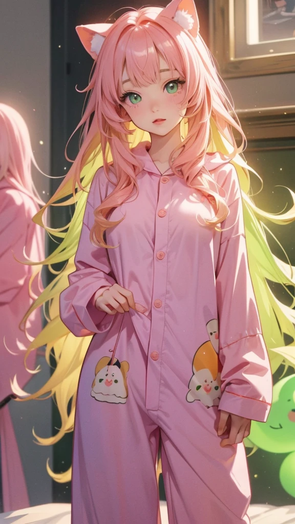 adult woman, Age 22; long hair, pretty and pink, curly hair; light yellow eyes, angelic and beautiful face with flushed cheeks, rosto ultra detaild; (( wearing cute green colored kigurumi pajamas )); best qualityer, ultra detaild, best resolution, 4K, soft strokes, role model, work of art, closes; dimly lit room in the background
