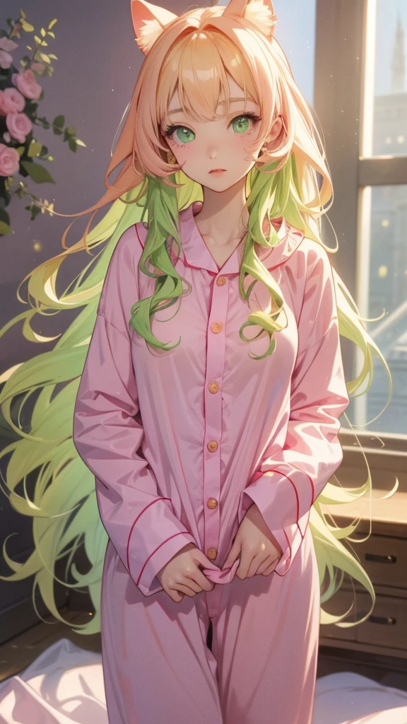 adult woman, Age 22; long hair, pretty and pink, curly hair; light yellow eyes, angelic and beautiful face with flushed cheeks, rosto ultra detaild; (( wearing cute green colored kigurumi pajamas )); best qualityer, ultra detaild, best resolution, 4K, soft strokes, role model, work of art, closes; dimly lit room in the background