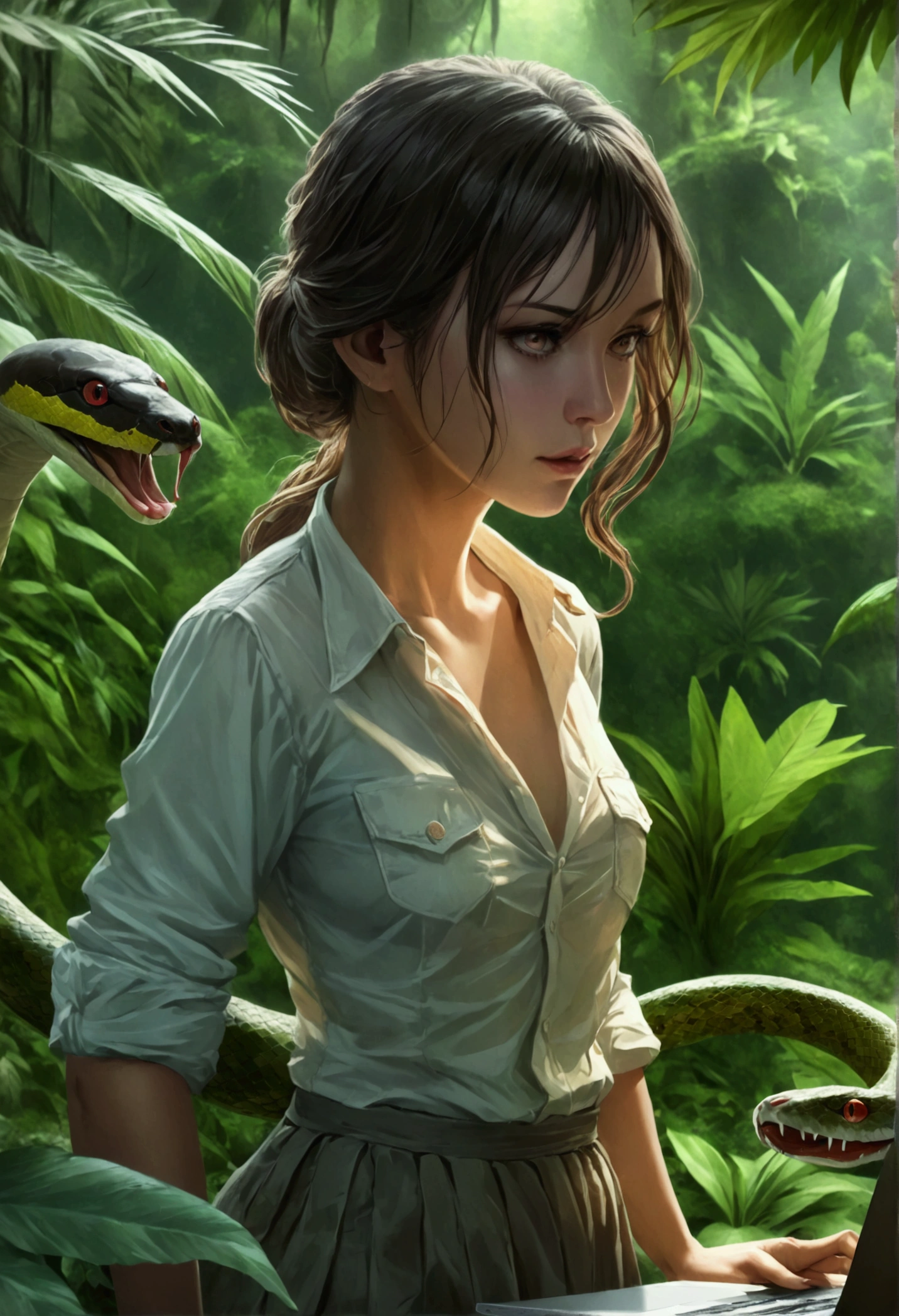 high details, best quality, 16k, [ultra detailed], masterpiece, best quality, dynamic angle, ultra wide shot, RAW, photorealistic, fantasy art, realistic art, a picture of a computer engineer (holding a laptop:1.1) getting lost in the jungle, computer engineer, wearing white button shirt, dynamic skirt, dynamic colors, wearing stiletto heels, full body, (an extremely beautiful: 1.3), (best detailed face: 1.4), dynamic hir color, dynamic hair style, dynamic eyes color, sense of confusion, sense of helplessness, jungle trees, plenty of (jungle veins: 1.2), (jungle flowers: 1.1), a (snake: 1.3) lurking by, high details, fantasy art, RPG art best quality, 16k, ultra detailed, masterpiece, best quality, (ultra detailed), full body, ultra wide shot, photorealistic, Hyperrealism style