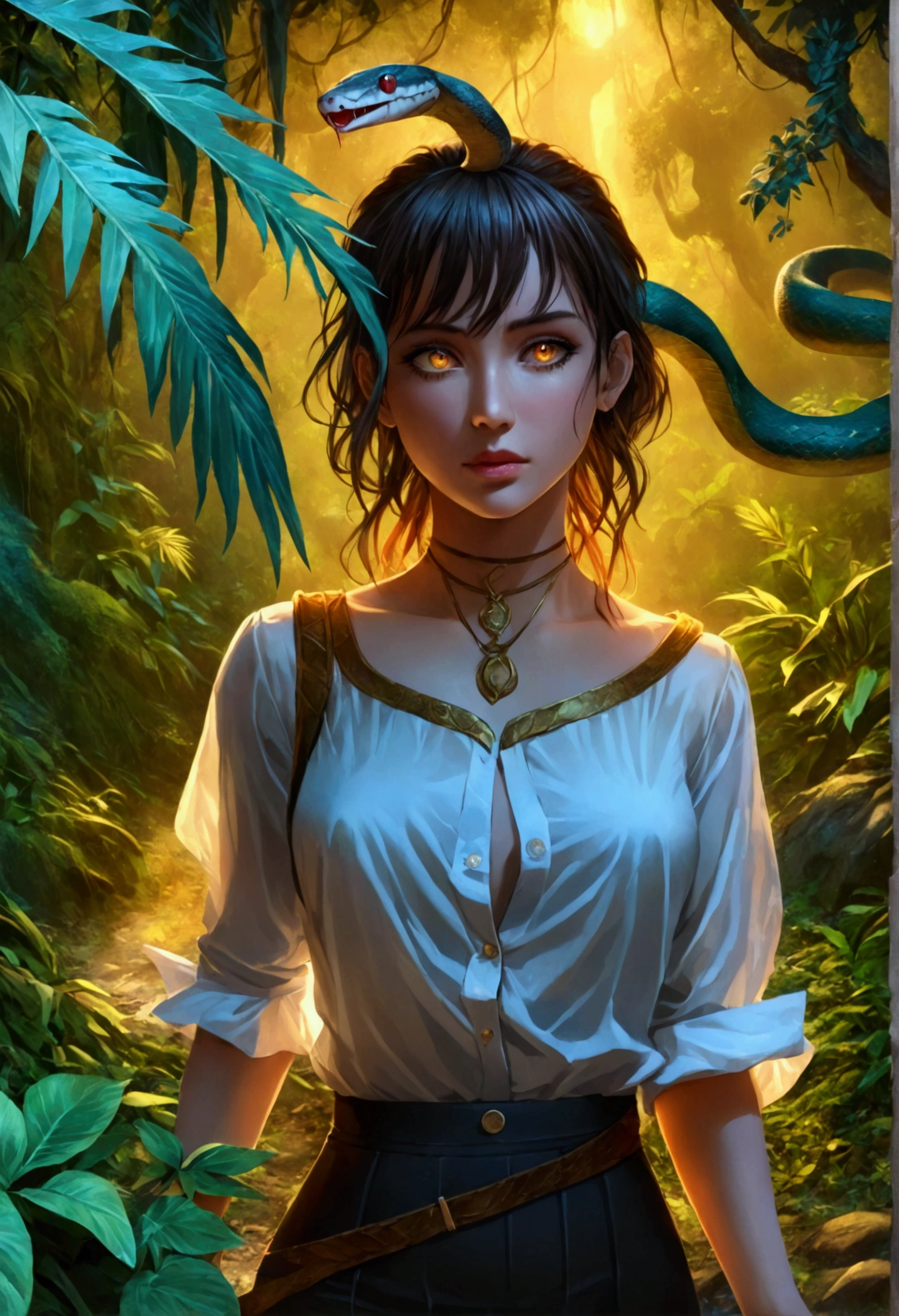 high details, best quality, 16k, [ultra detailed], masterpiece, best quality, dynamic angle, ultra wide shot, RAW, photorealistic, fantasy art, realistic art, a picture of a computer engineer (holding a laptop:1.1) getting lost in the jungle, computer engineer, wearing white button shirt, dynamic skirt, dynamic colors, wearing stiletto heels, full body, (an extremely beautiful: 1.3), (best detailed face: 1.4), dynamic hir color, dynamic hair style, dynamic eyes color, sense of confusion, sense of helplessness, jungle trees, plenty of (jungle veins: 1.2), (jungle flowers: 1.1), a (snake: 1.3) lurking by, high details, fantasy art, RPG art best quality, 16k, ultra detailed, masterpiece, best quality, (ultra detailed), full body, ultra wide shot, photorealistic, Hyperrealism style