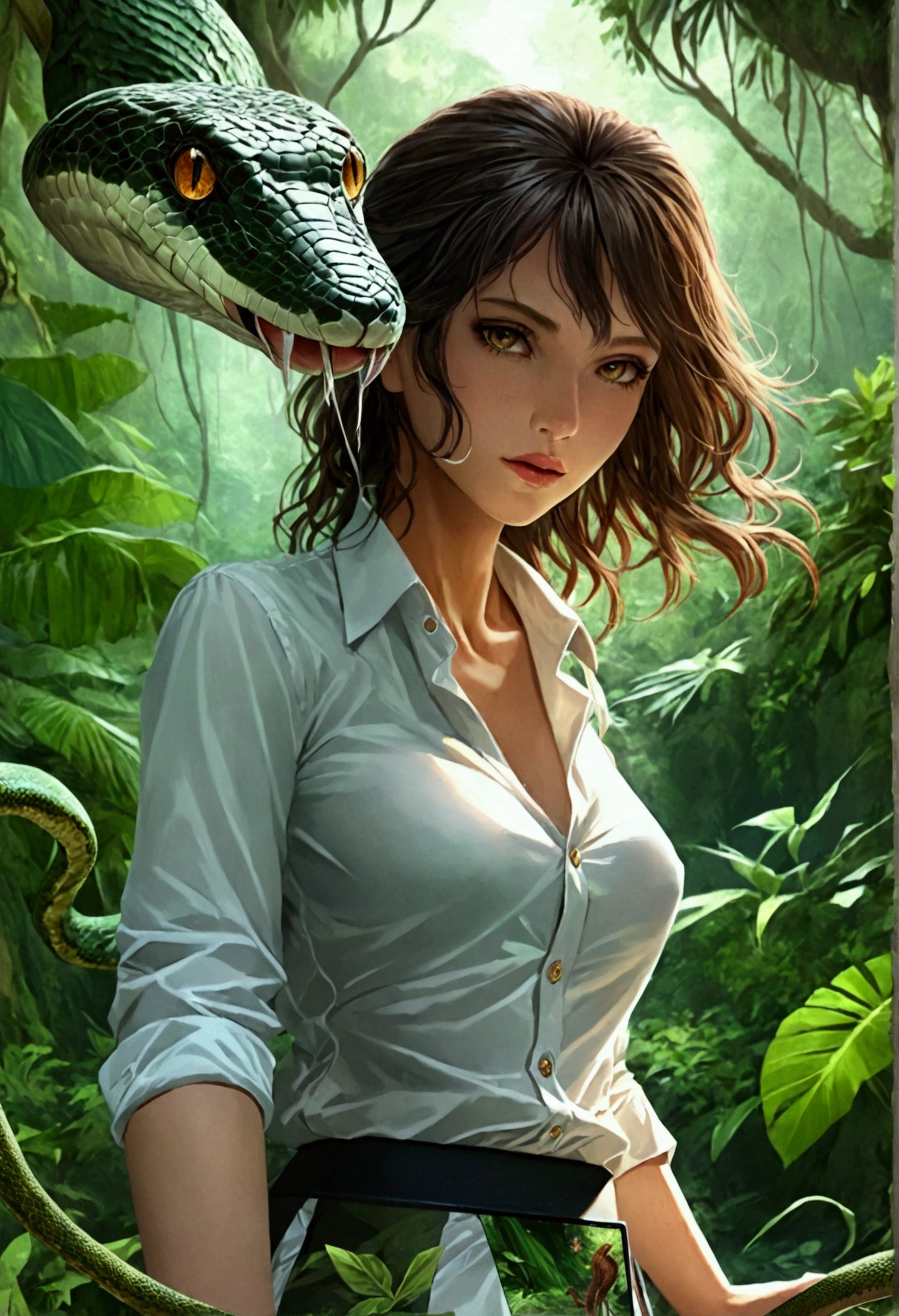 high details, best quality, 16k, [ultra detailed], masterpiece, best quality, dynamic angle, ultra wide shot, RAW, photorealistic, fantasy art, realistic art, a picture of a computer engineer (holding a laptop:1.1) getting lost in the jungle, computer engineer, wearing white button shirt, dynamic skirt, dynamic colors, wearing stiletto heels, full body, (an extremely beautiful: 1.3), (best detailed face: 1.4), dynamic hir color, dynamic hair style, dynamic eyes color, sense of confusion, sense of helplessness, jungle trees, plenty of (jungle veins: 1.2), (jungle flowers: 1.1), a (snake: 1.3) lurking by, high details, fantasy art, RPG art best quality, 16k, ultra detailed, masterpiece, best quality, (ultra detailed), full body, ultra wide shot, photorealistic, Hyperrealism style