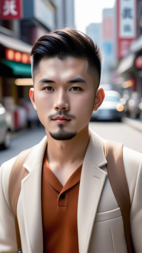 analog photo, closeup portrait photo of 24 years old asian man, natural skin, looks at viewer, city street, (cinematic shot, film grain:1.1), ultra detailed, slight beard