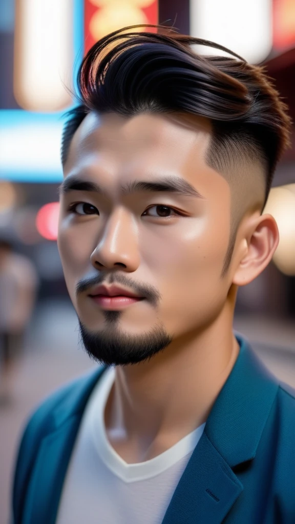 analog photo, closeup portrait photo of 24 years old asian man, natural skin, looks at viewer, city street, (cinematic shot, film grain:1.1), ultra detailed, slight beard